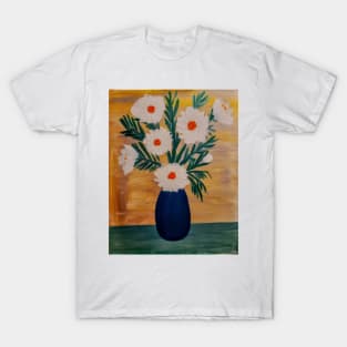 Abstract carnations in a blue vase on a stretch canvas board T-Shirt